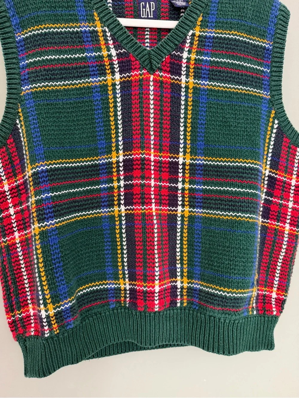 VTG 90s GAP Green Blue Red Holiday Tartan Plaid Knit Sweater Vest 100% Cotton